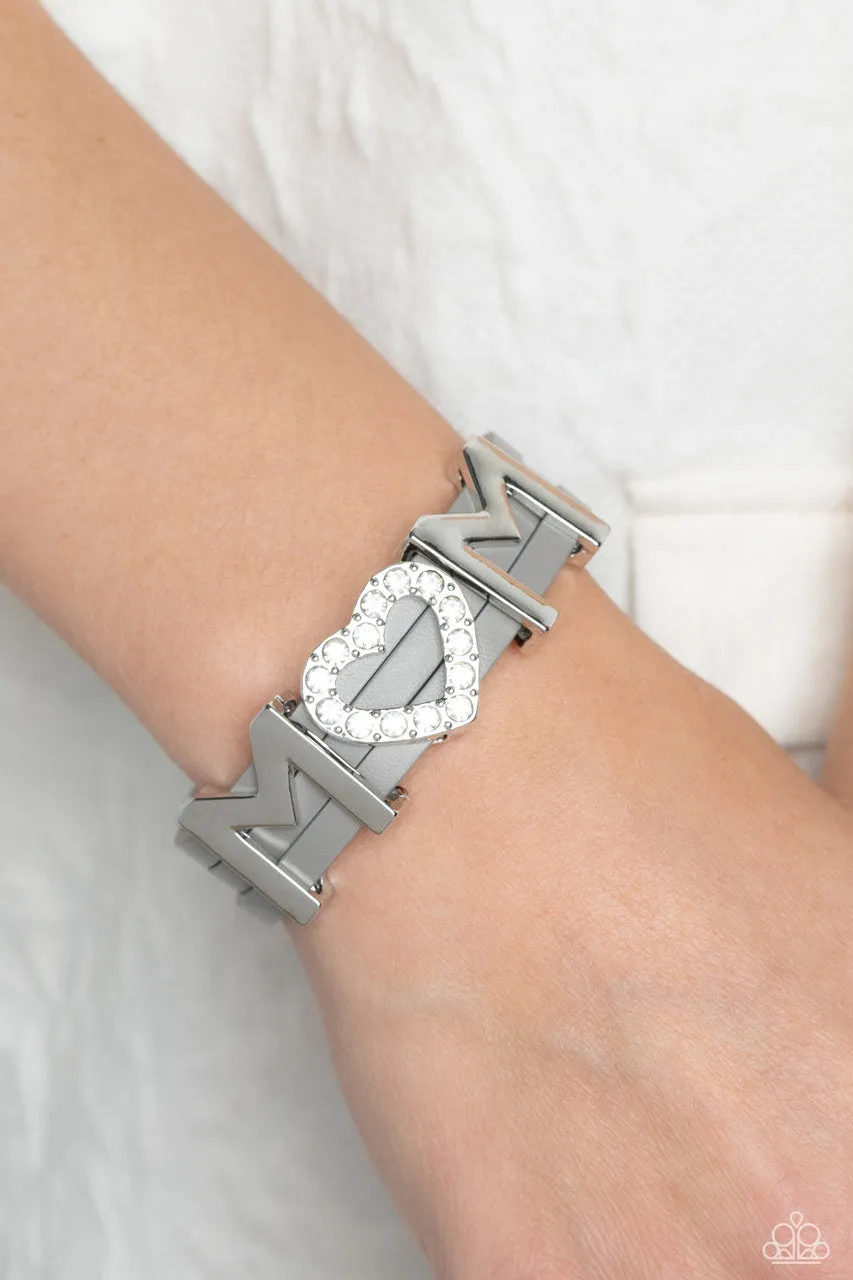 Heart of Mom - Silver - Gray Leather Silver "MOM" Heart Rhinestone Paparazzi Magnetic Bracelet