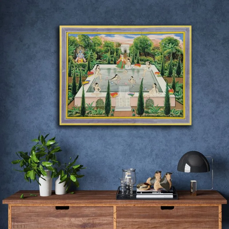 Indian Miniature - Krishna Watches the Gopis in Garden Pool
