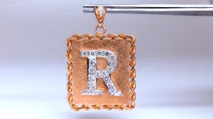 Initial R Diamond Vintage Rope Twist Sandblast Plate Pendant 14kt Gold 12370
