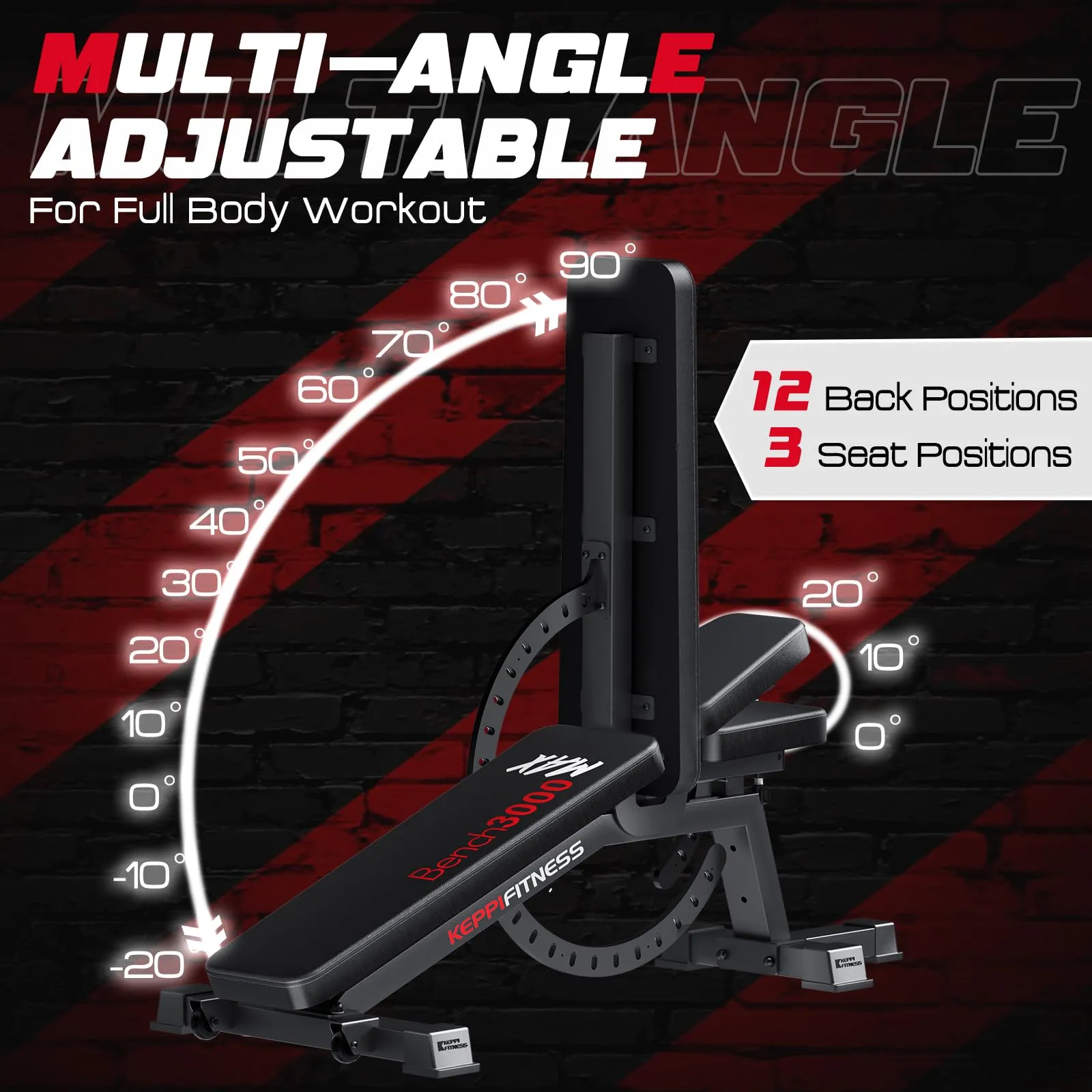 KeppiFitness Adjustable Weight Bench, Bench3000 MAX Heavy Duty Workout Bench Press with Leg Extension and Preacher Pad for Home Gym Fitness, Flat Incline Decline Sit Up Bench