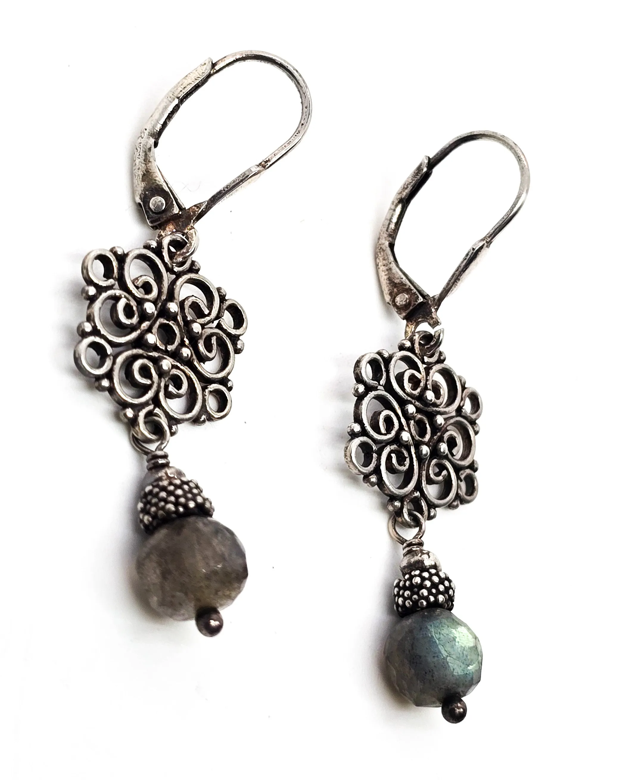 Labradorite gemstone drop filigree mandala beaded sterling silver dangle earrings