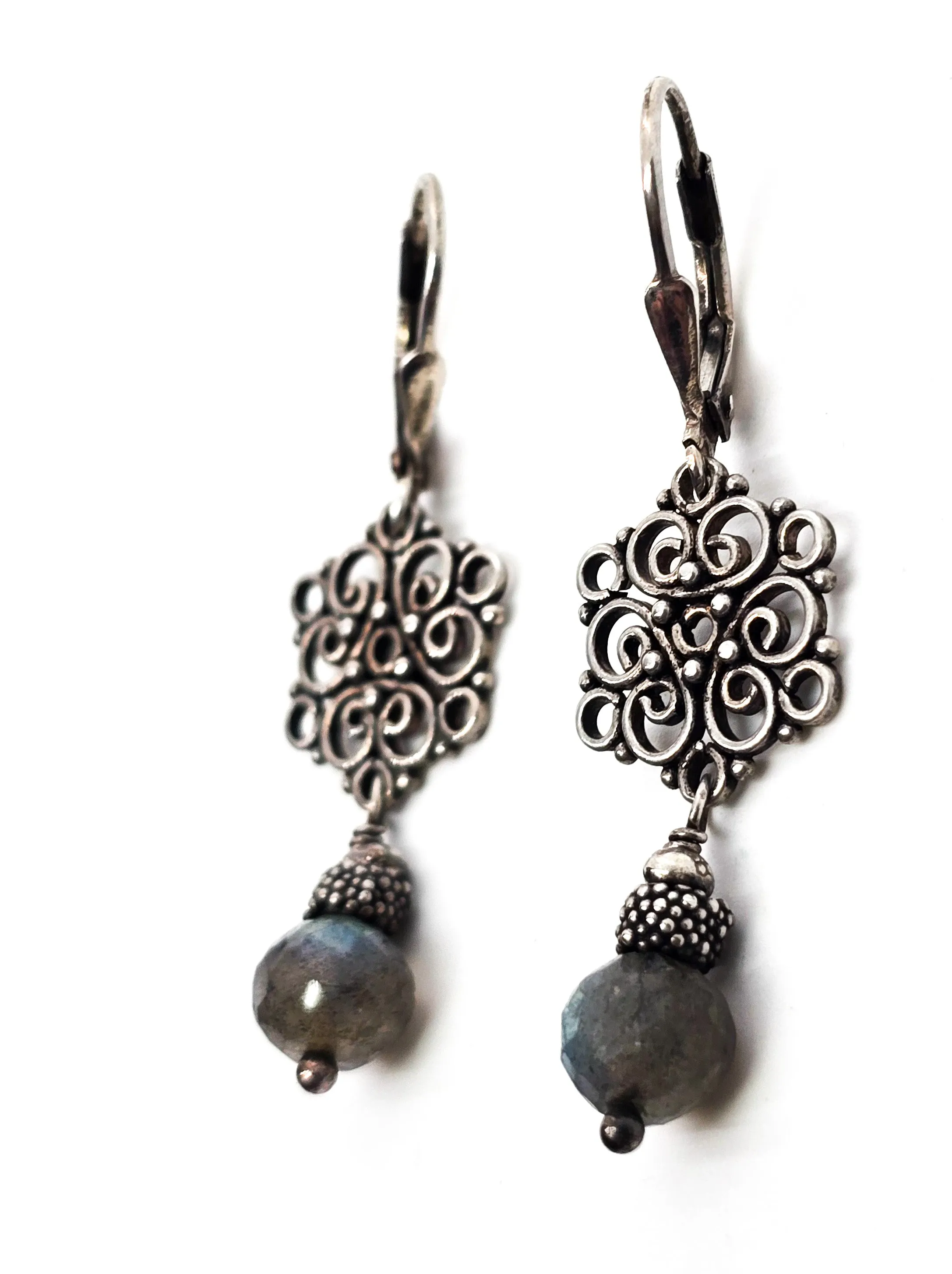 Labradorite gemstone drop filigree mandala beaded sterling silver dangle earrings