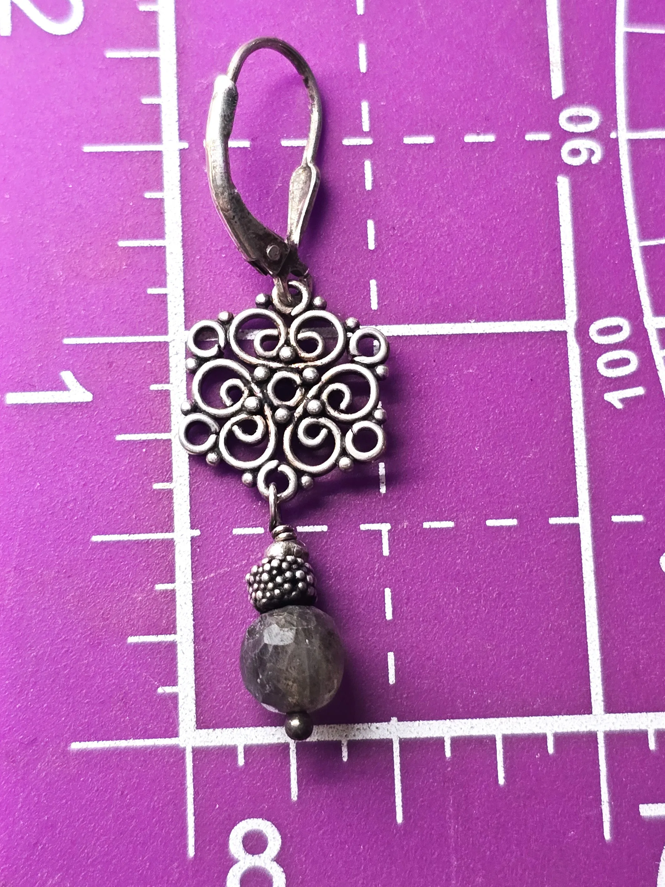 Labradorite gemstone drop filigree mandala beaded sterling silver dangle earrings
