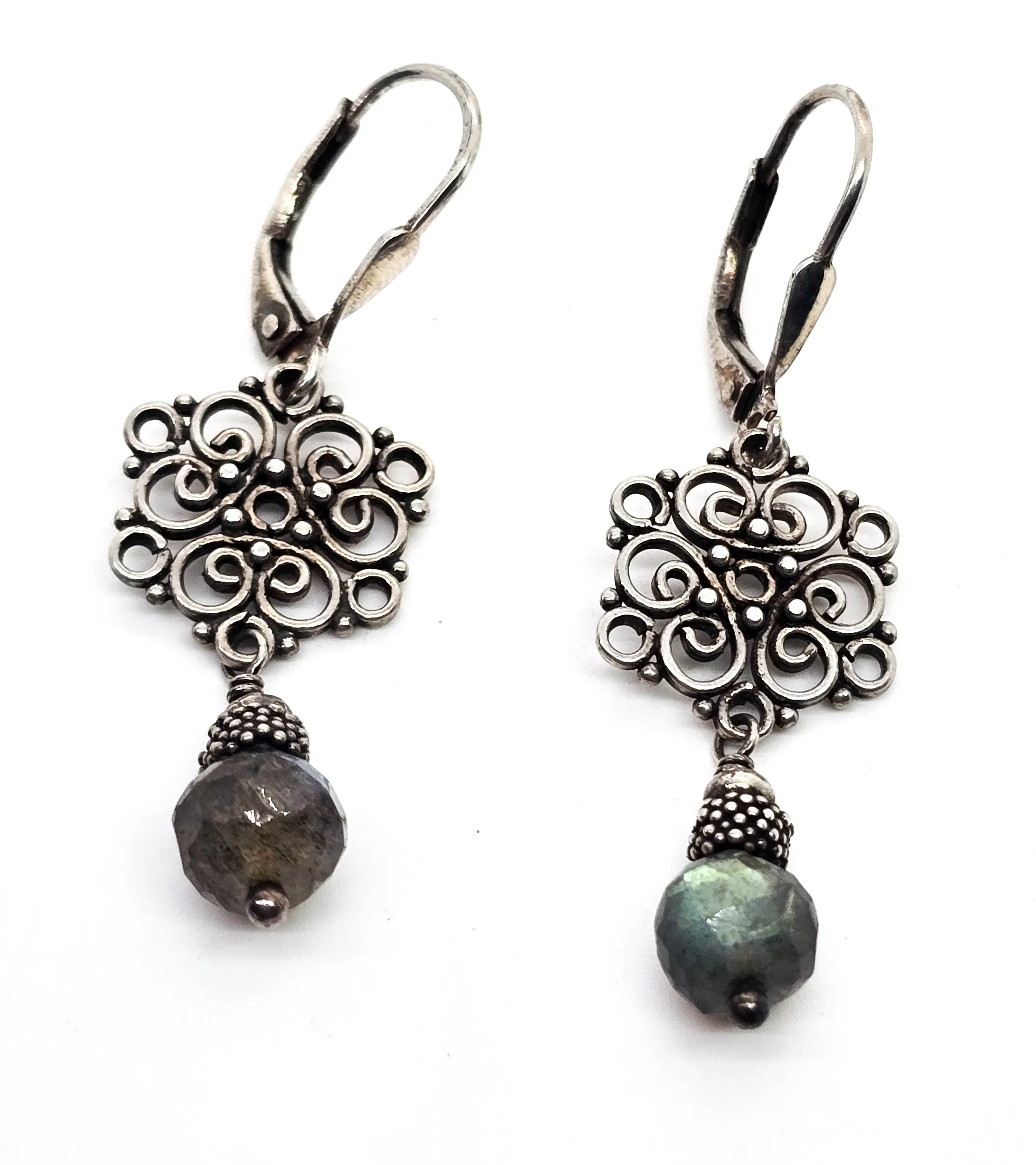 Labradorite gemstone drop filigree mandala beaded sterling silver dangle earrings