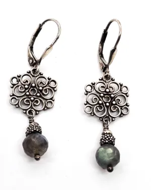 Labradorite gemstone drop filigree mandala beaded sterling silver dangle earrings