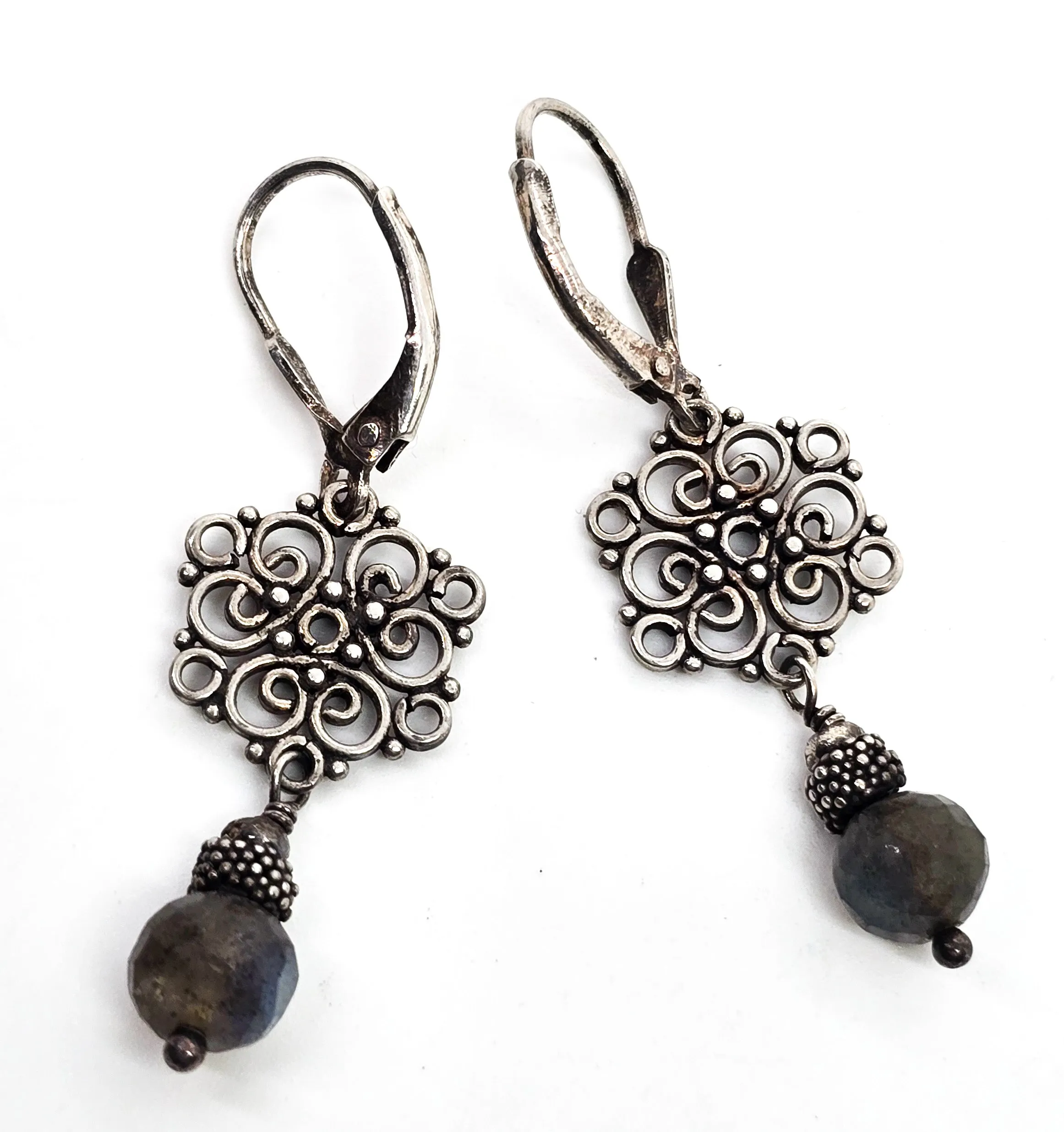 Labradorite gemstone drop filigree mandala beaded sterling silver dangle earrings