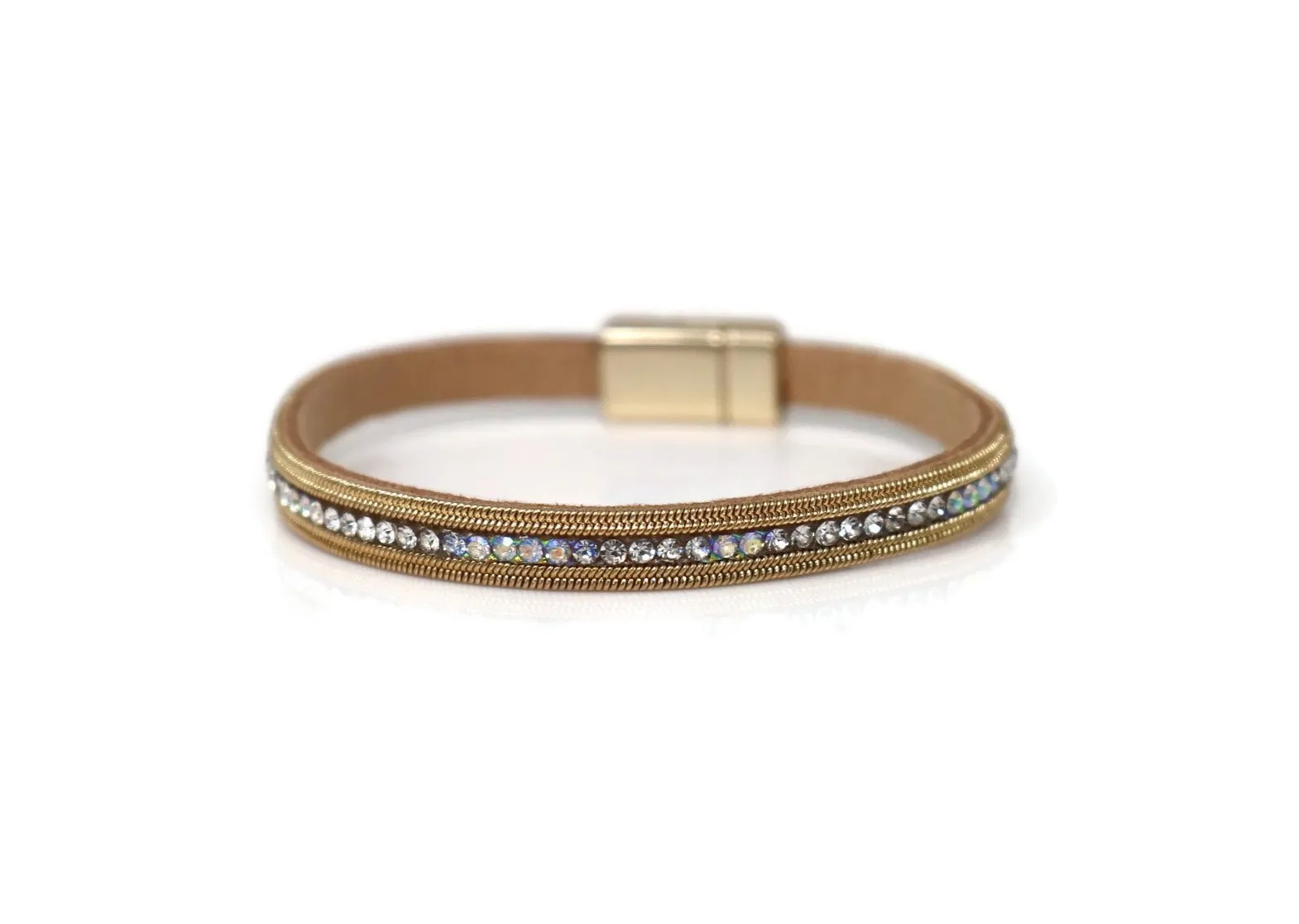 Leather Fashion a Row of Crystal Narrow Bracelets with Magnetic Clasp