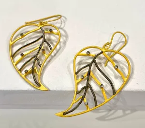Lightweight 22k Gold Vermeil Leaf and Topaz Leaf Statement Earrings 2.75”