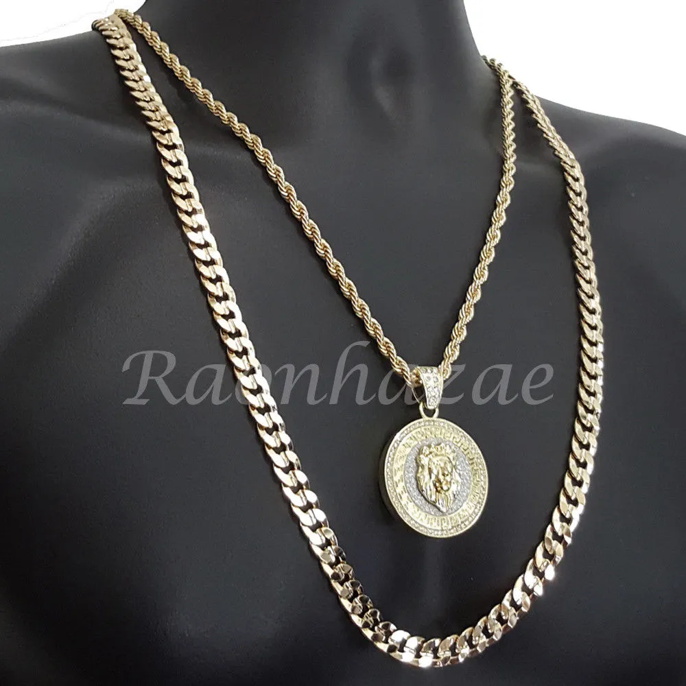 LION ROUND ROPE CHAIN DIAMOND CUT 30" CUBAN CHAIN NECKLACE SET G26