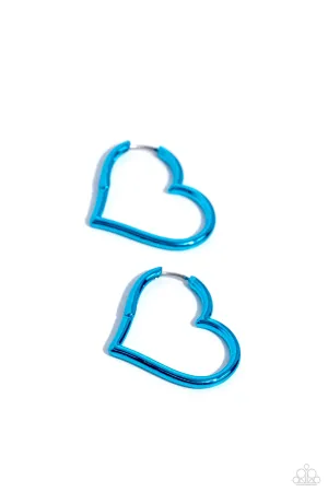 Loving Legend - Blue - Metallic Heart Paparazzi Hinge Hoop Earrings