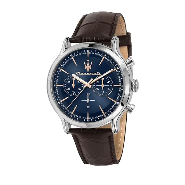 Maserati Epoca Brown Leather Strap Blue Dial Quartz Watch for Gents - R8871618014