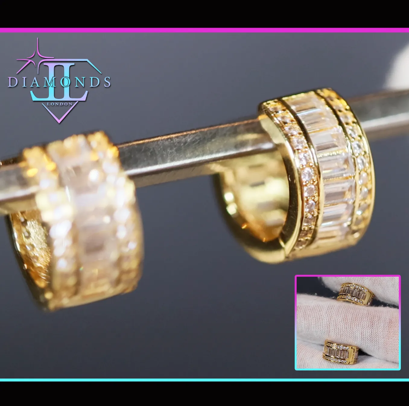 Mens Gold Diamond Hoop Earrings | Womens Small Gold Hoop Earrings | Baguette Hoop Earrings