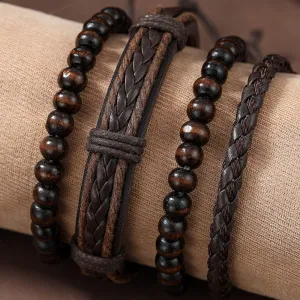 Men's Leather Woven Bracelet Set