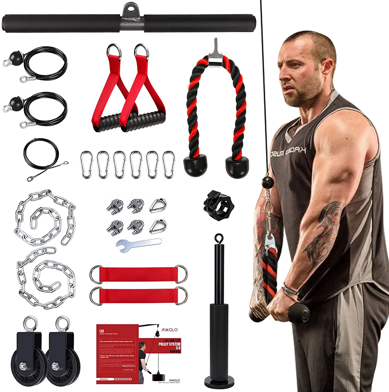 Mikolo Fitness LAT and Lift Pulley System, Dual Cable Machine(70'' and 90'') with Upgraded Loading Pin for Triceps Pull Down, Biceps Curl, Back, Forearm, Shoulder-Home Gym Equipment(Patent)