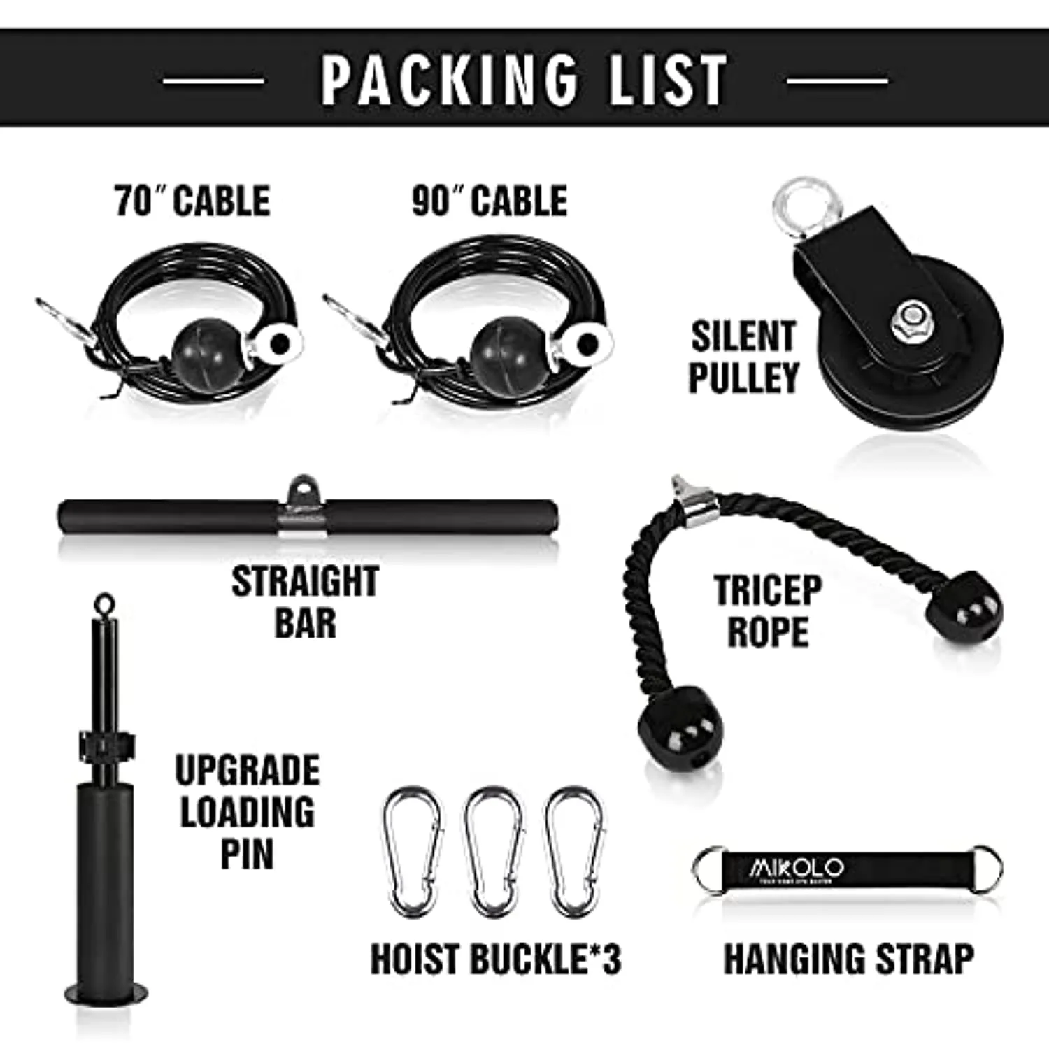 Mikolo Fitness LAT and Lift Pulley System, Dual Cable Machine(70'' and 90'') with Upgraded Loading Pin for Triceps Pull Down, Biceps Curl, Back, Forearm, Shoulder-Home Gym Equipment(Patent)