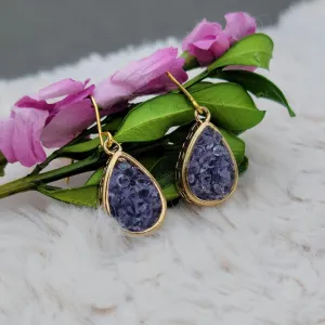 NEW Purple Druzy Dangle Drop Gold Tone Earrings - 1.25" Total Length