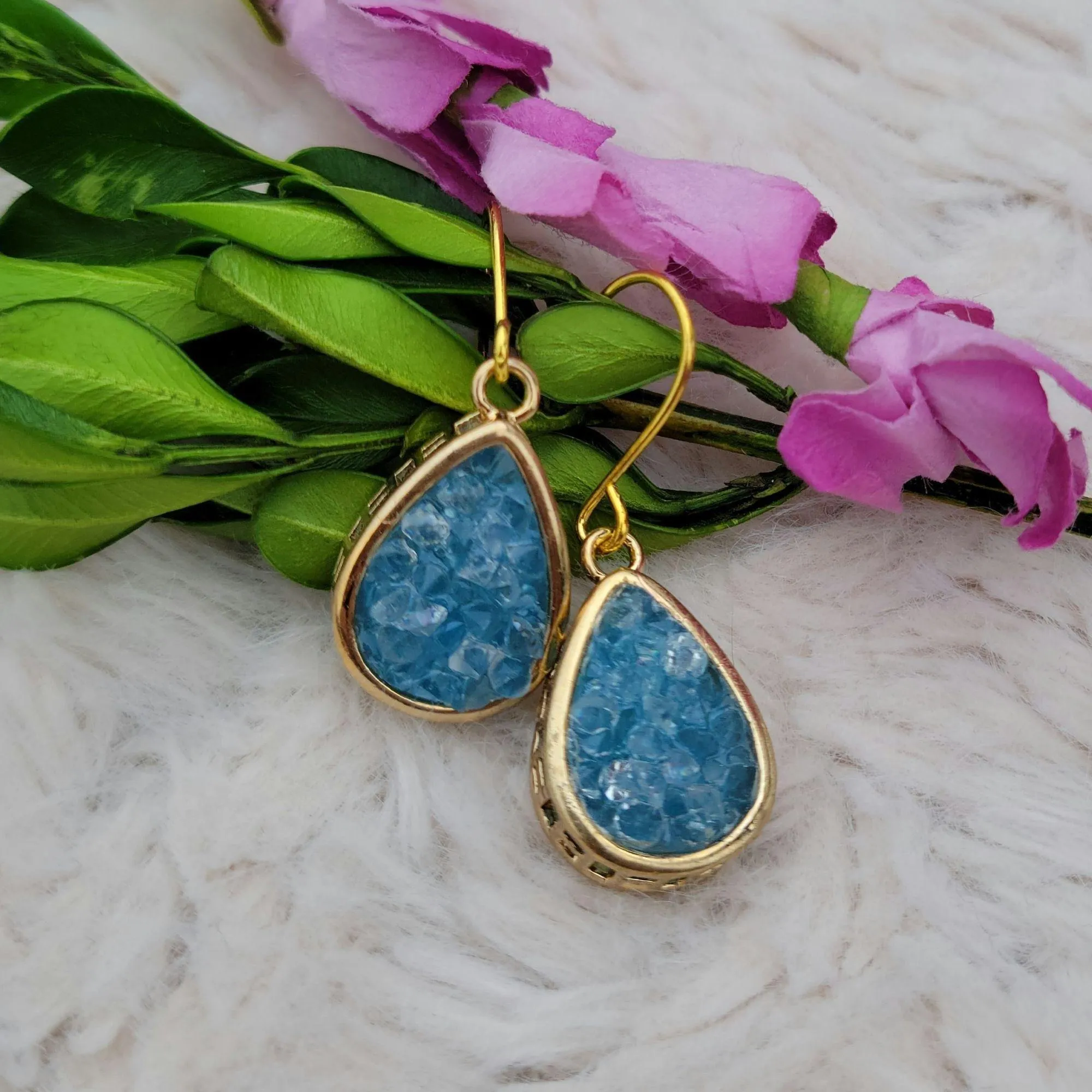 NEW Purple Druzy Dangle Drop Gold Tone Earrings - 1.25" Total Length