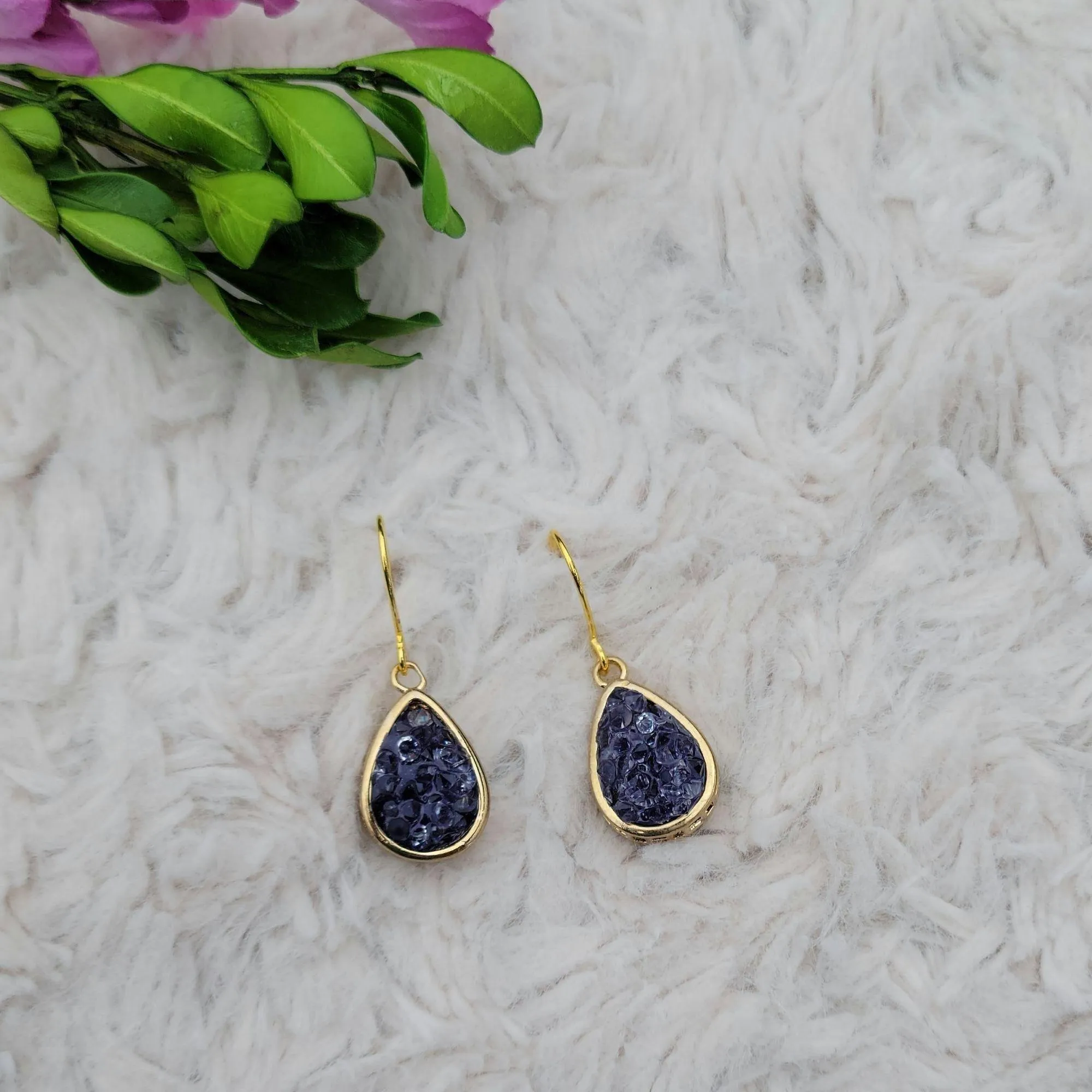 NEW Purple Druzy Dangle Drop Gold Tone Earrings - 1.25" Total Length