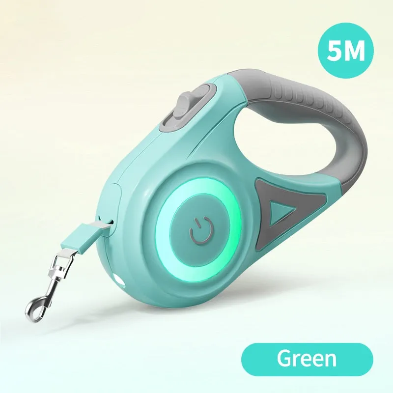 NightGlow™ Illuminated Retractable Dog Leash With LED Flashlight & RGB Ring