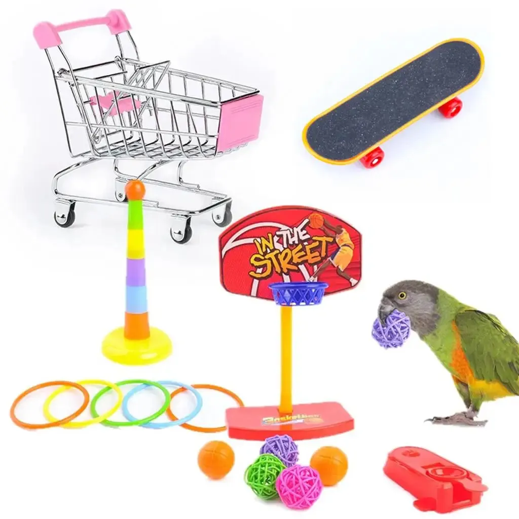 Parrot Toy, Mini Shopping Cart, Stacking Rings, Skateboard, Basketball, Bird Training Toys