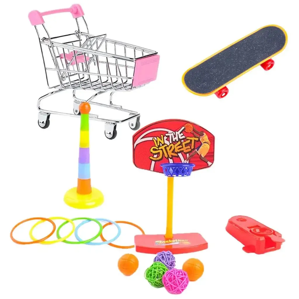 Parrot Toy, Mini Shopping Cart, Stacking Rings, Skateboard, Basketball, Bird Training Toys