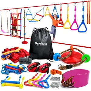 Perantlb Ninja Warrior Obstacle Course for Kids-2x56ft Double Ninja Slackline with 11 Accessories for Kids,Swing,Climbing Rope Swing,Rope Ladder,1.2M Arm Trainer