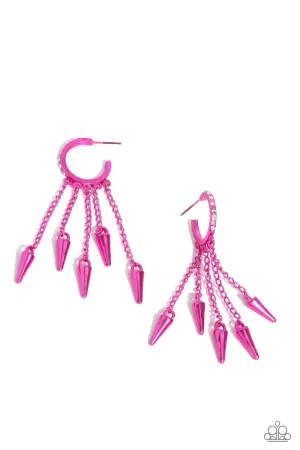Piquant Punk - Pink - White Rhinestone Metallic Paparazzi Hoop Earrings