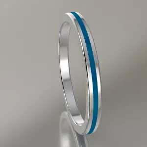 Polished White Gold 2mm Stacking Ring Blue Swirl Resin