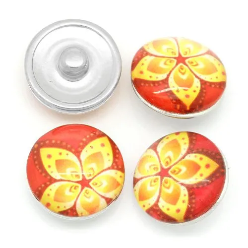 Red & Yellow Flower Design Glass Chunk Charm Button Fits Chunk Bracelet 18mm for Noosa Style Bracelet