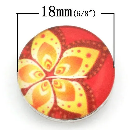Red & Yellow Flower Design Glass Chunk Charm Button Fits Chunk Bracelet 18mm for Noosa Style Bracelet