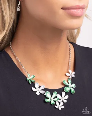Reflective Rundown - Green - Metallic Painted Flower Paparazzi Short Necklace