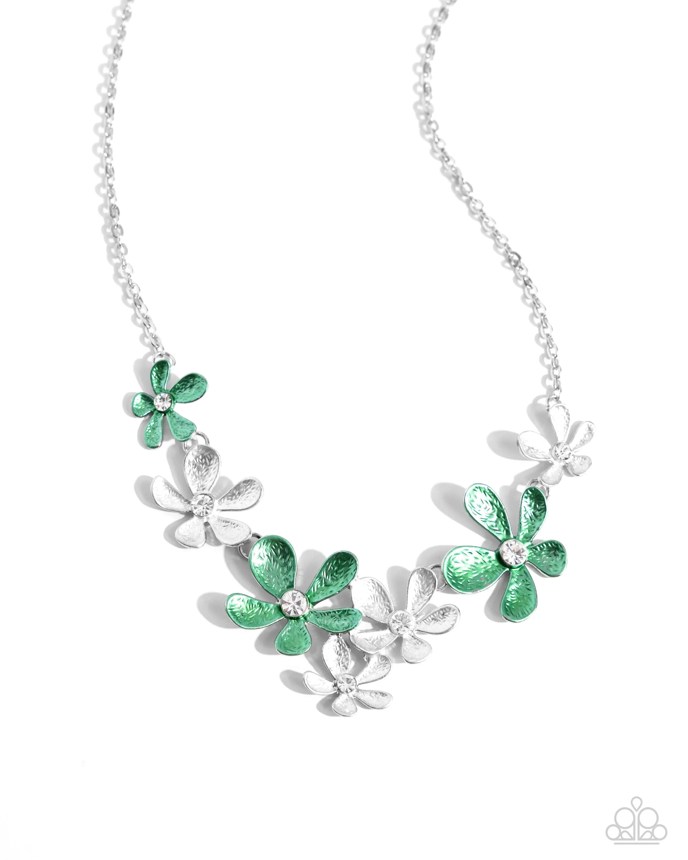 Reflective Rundown - Green - Metallic Painted Flower Paparazzi Short Necklace