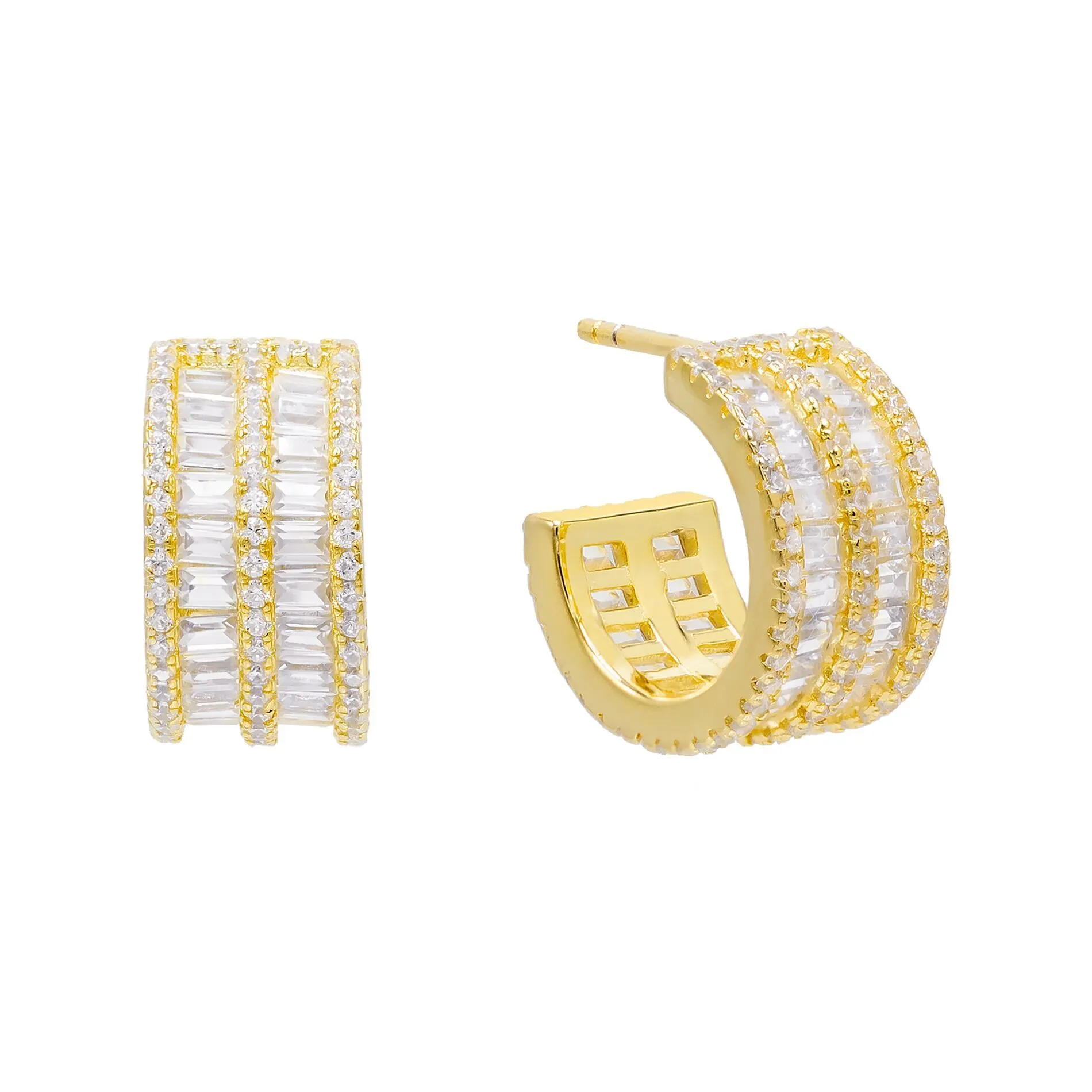 Round X Baguette Double Row Hoop Earring