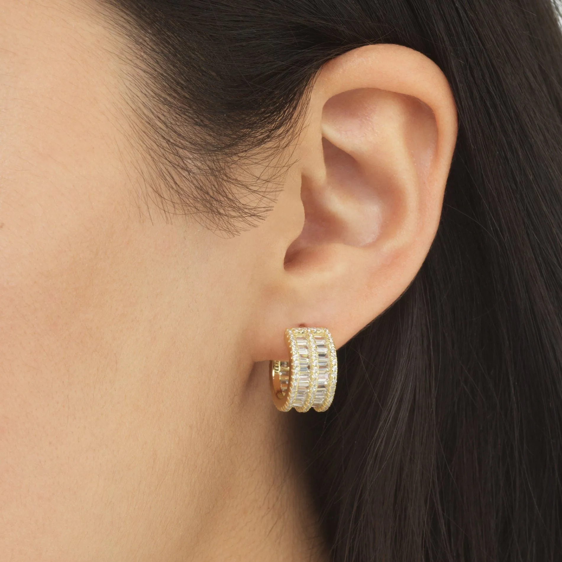 Round X Baguette Double Row Hoop Earring