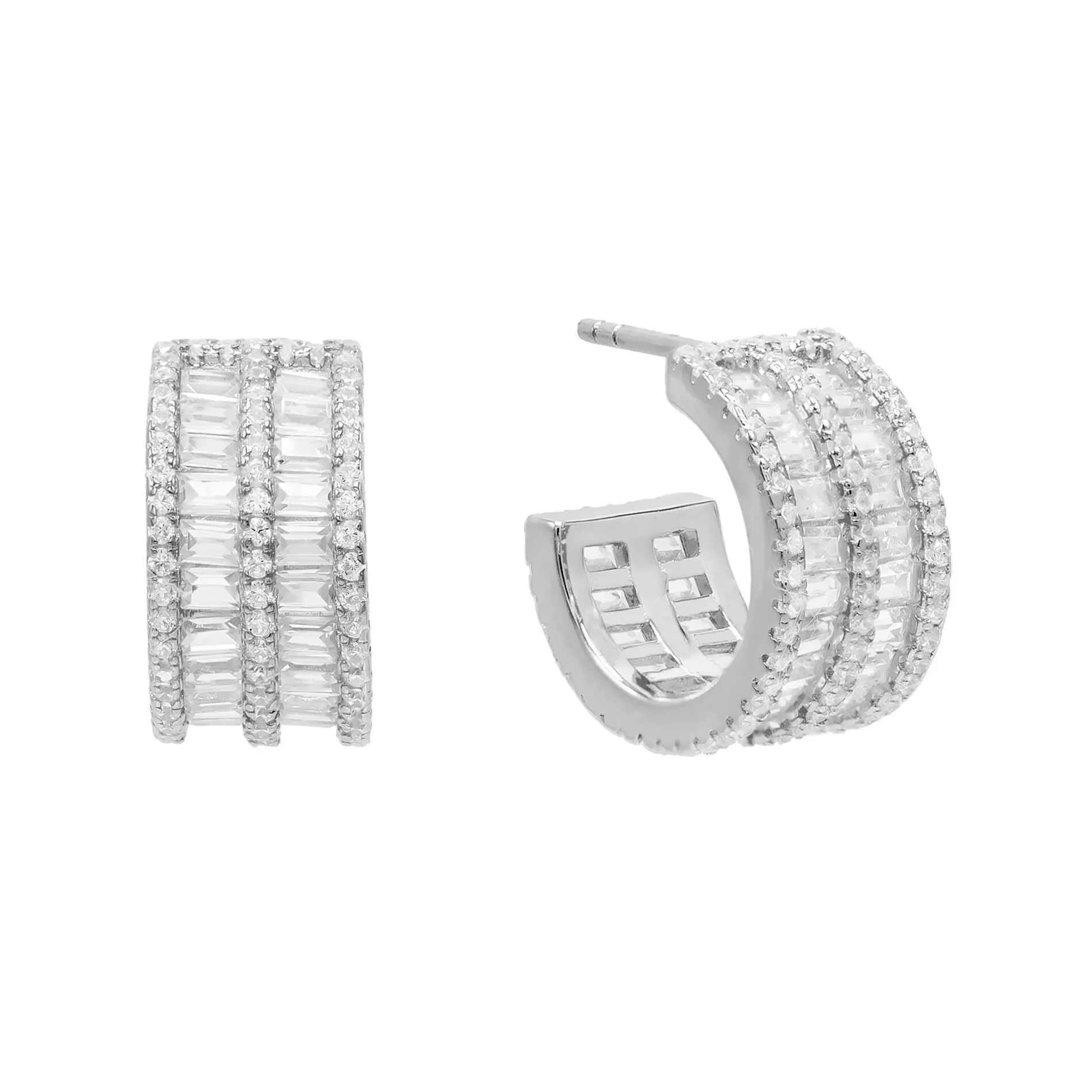 Round X Baguette Double Row Hoop Earring