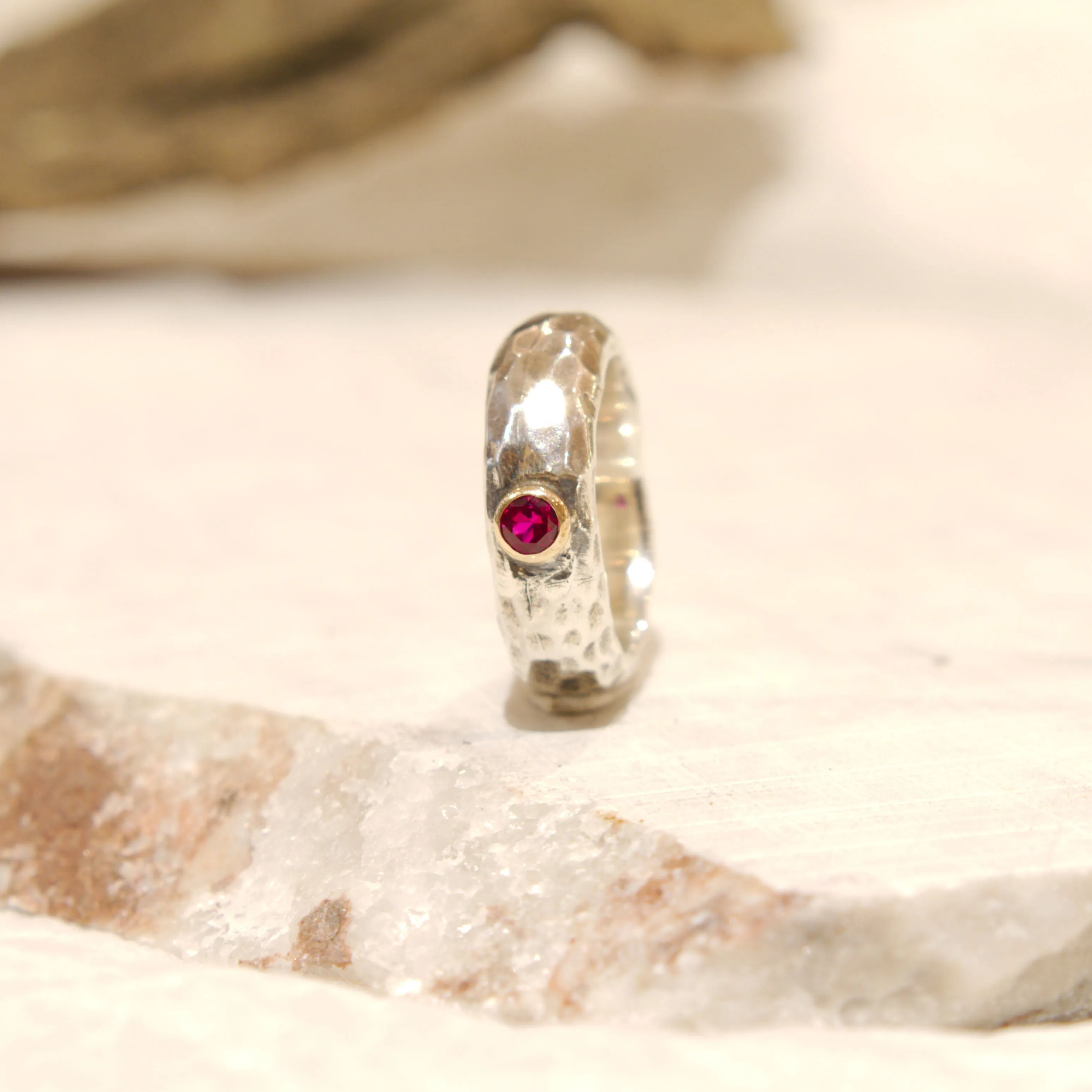 Ruby Hammered Silver Gold Ring - Clear Water.
