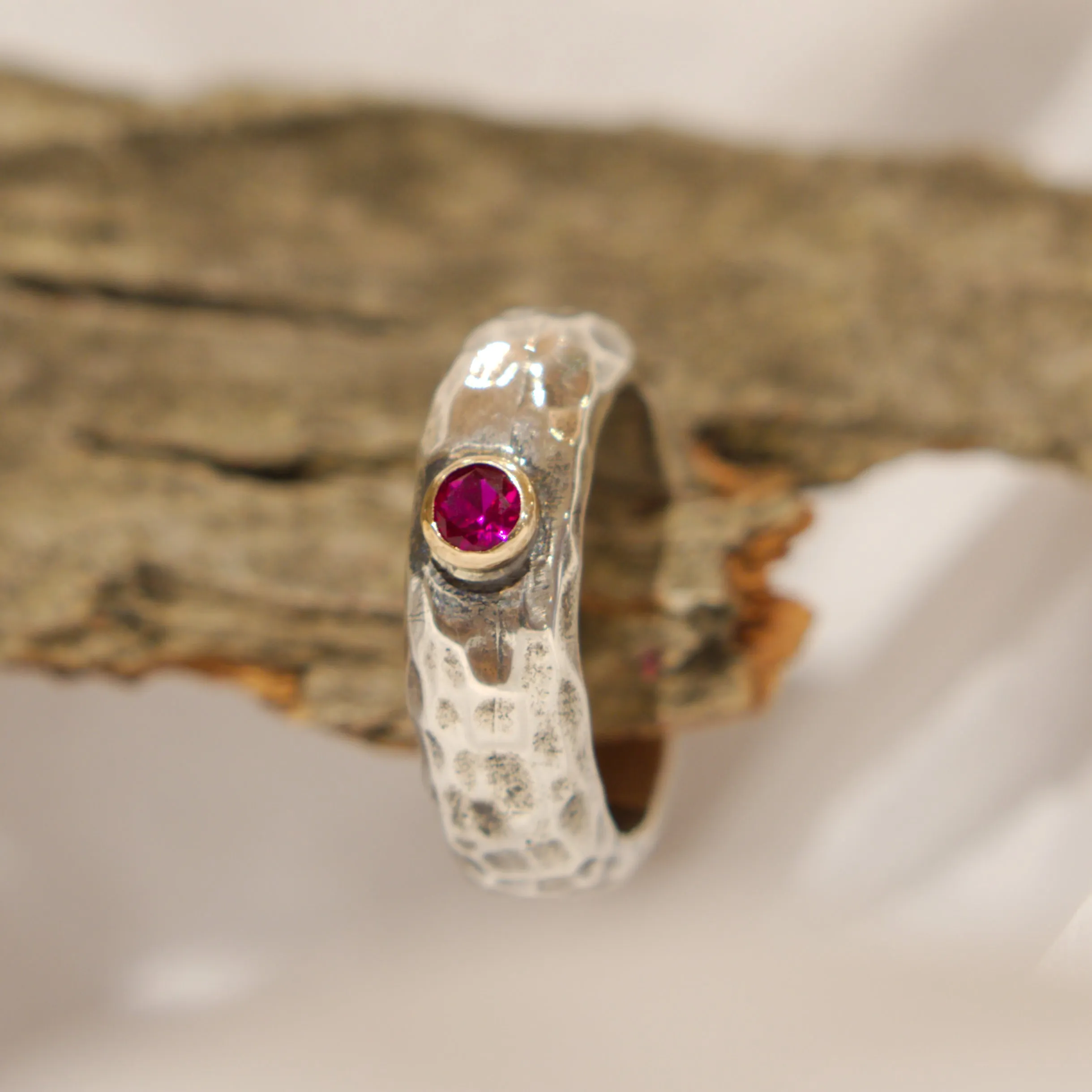 Ruby Hammered Silver Gold Ring - Clear Water.