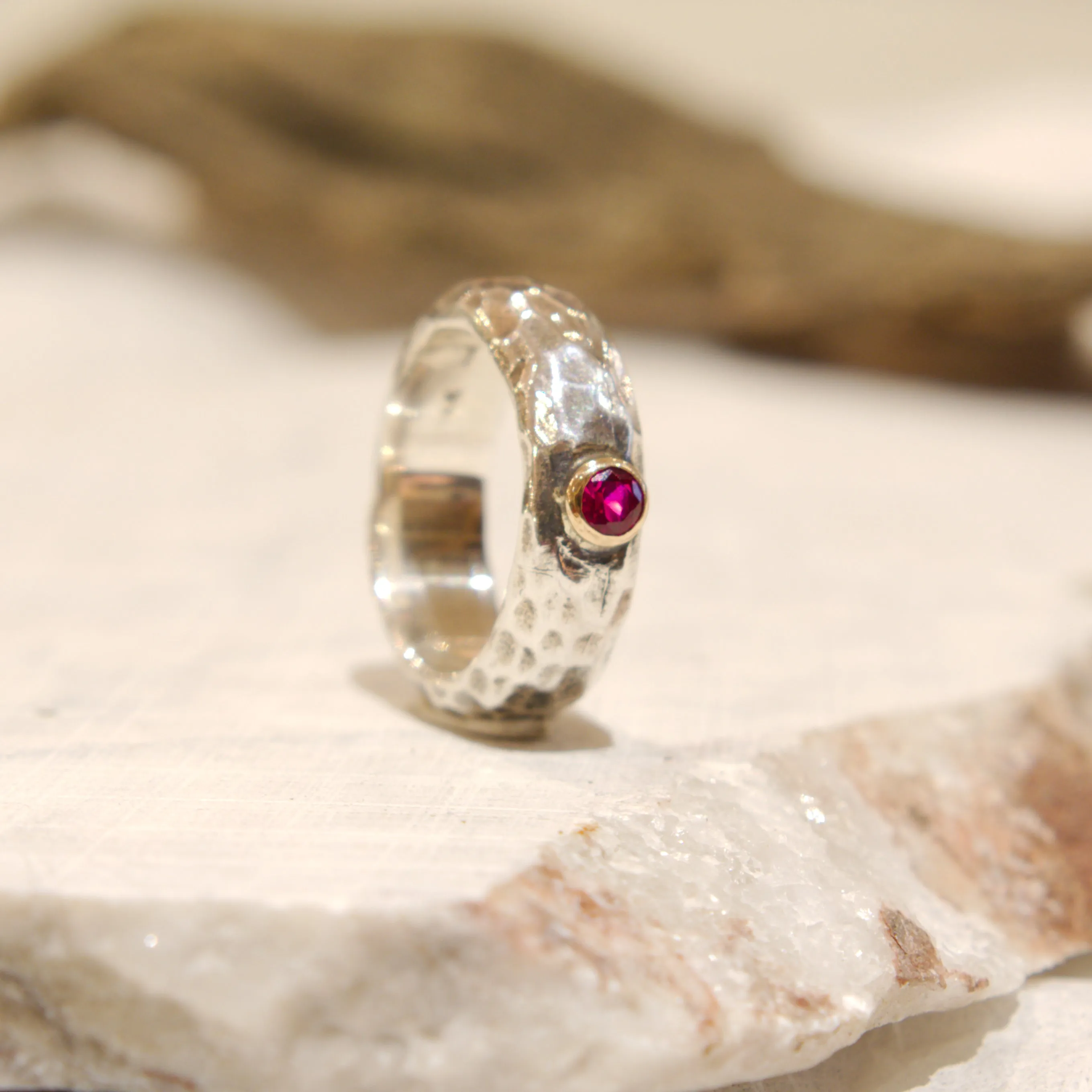 Ruby Hammered Silver Gold Ring - Clear Water.