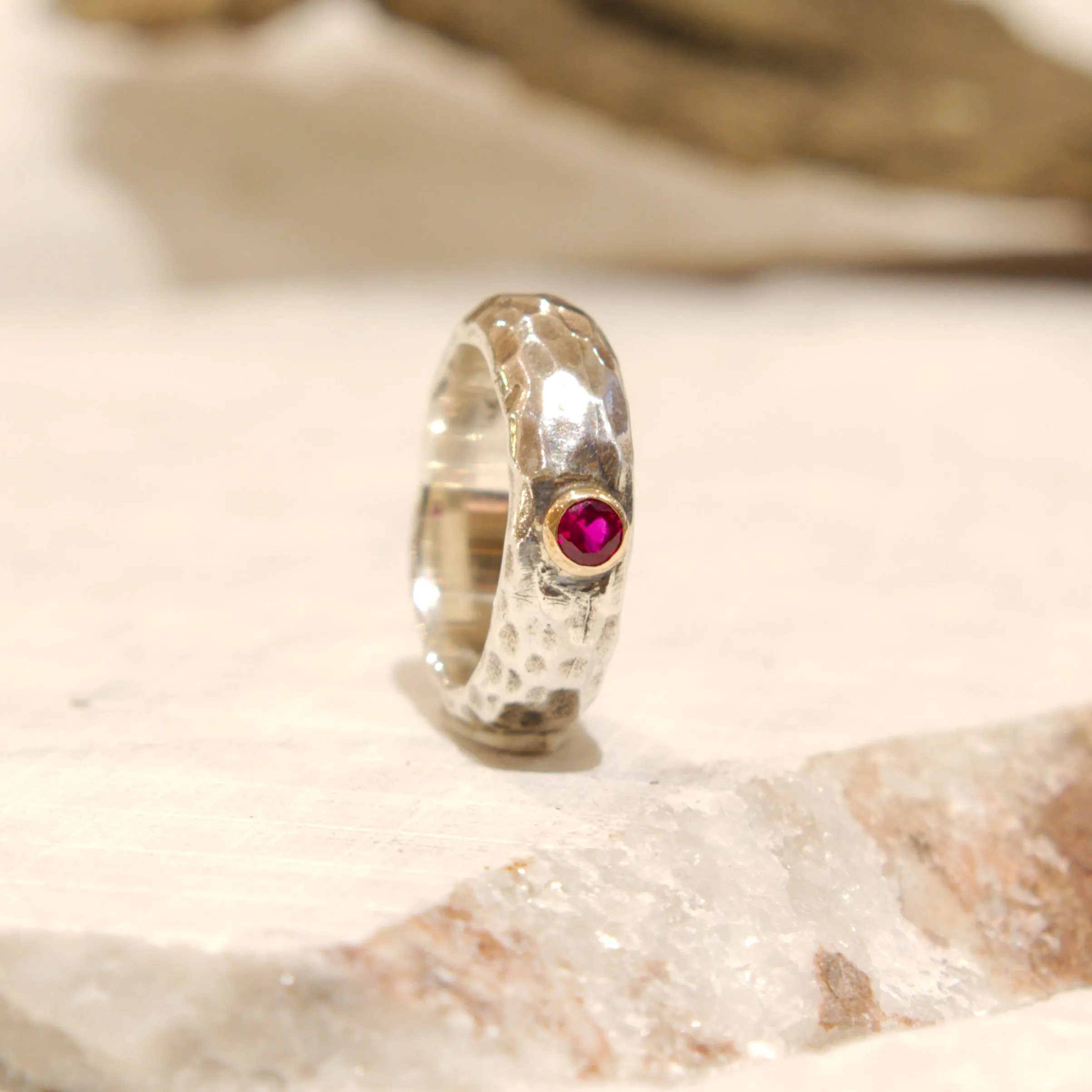 Ruby Hammered Silver Gold Ring - Clear Water.