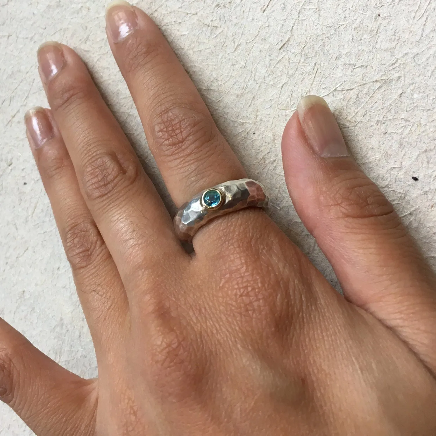 Ruby Hammered Silver Gold Ring - Clear Water.