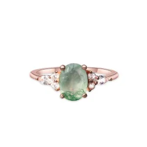 S925 Silver CZ Diamond Round Moss Agate Ring