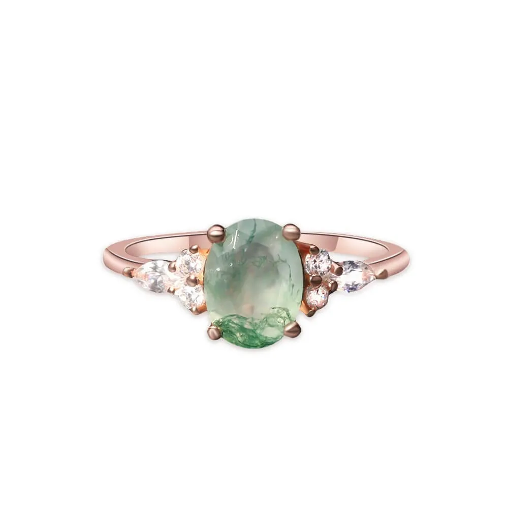 S925 Silver CZ Diamond Round Moss Agate Ring