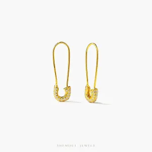 Safety Pin CZ Hoop Earring, Unisex, Gold, Silver SHEMISLI SH019