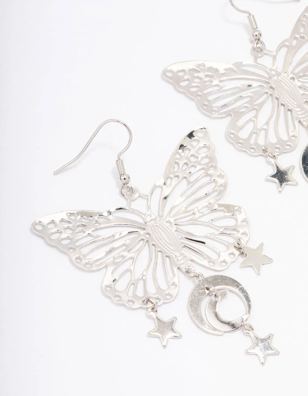 Silver Butterfly Moon Drop Earrings