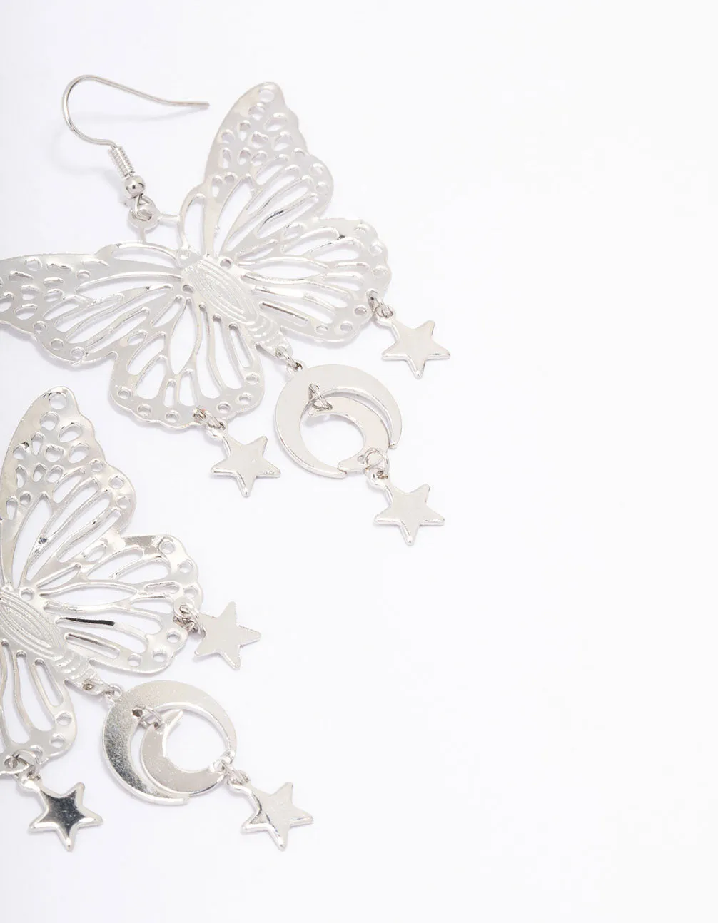 Silver Butterfly Moon Drop Earrings