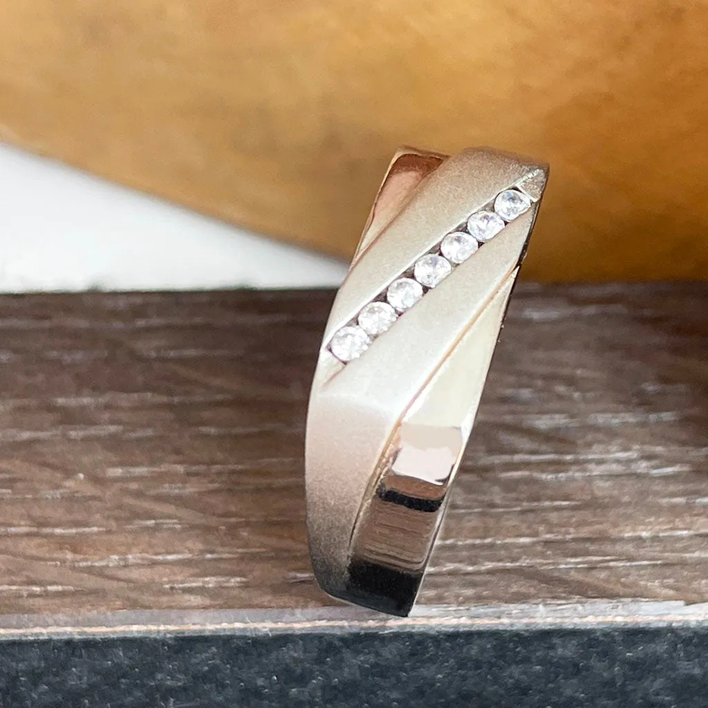 Silver Lucky Seven Diagonally Set Cubic Zirconia Matt Twist Band