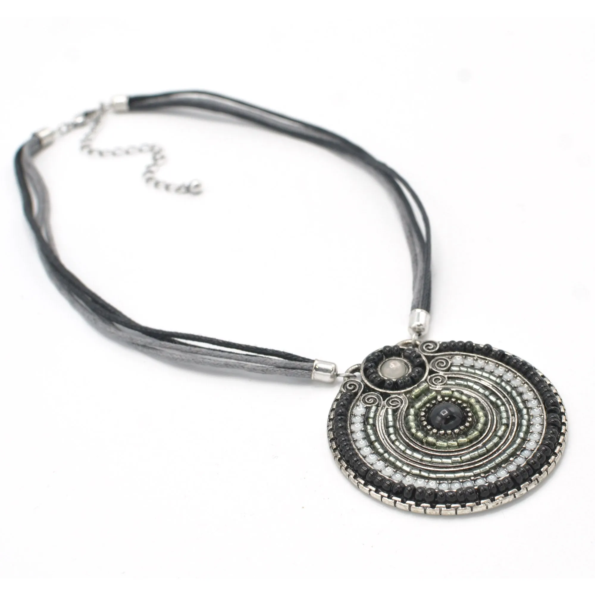 SILVER OXIDIZE ROUND DISK  BEAD PENDANT ROPE CHAIN ADJUSTABLE NECKLACE#SC25049SLGRY