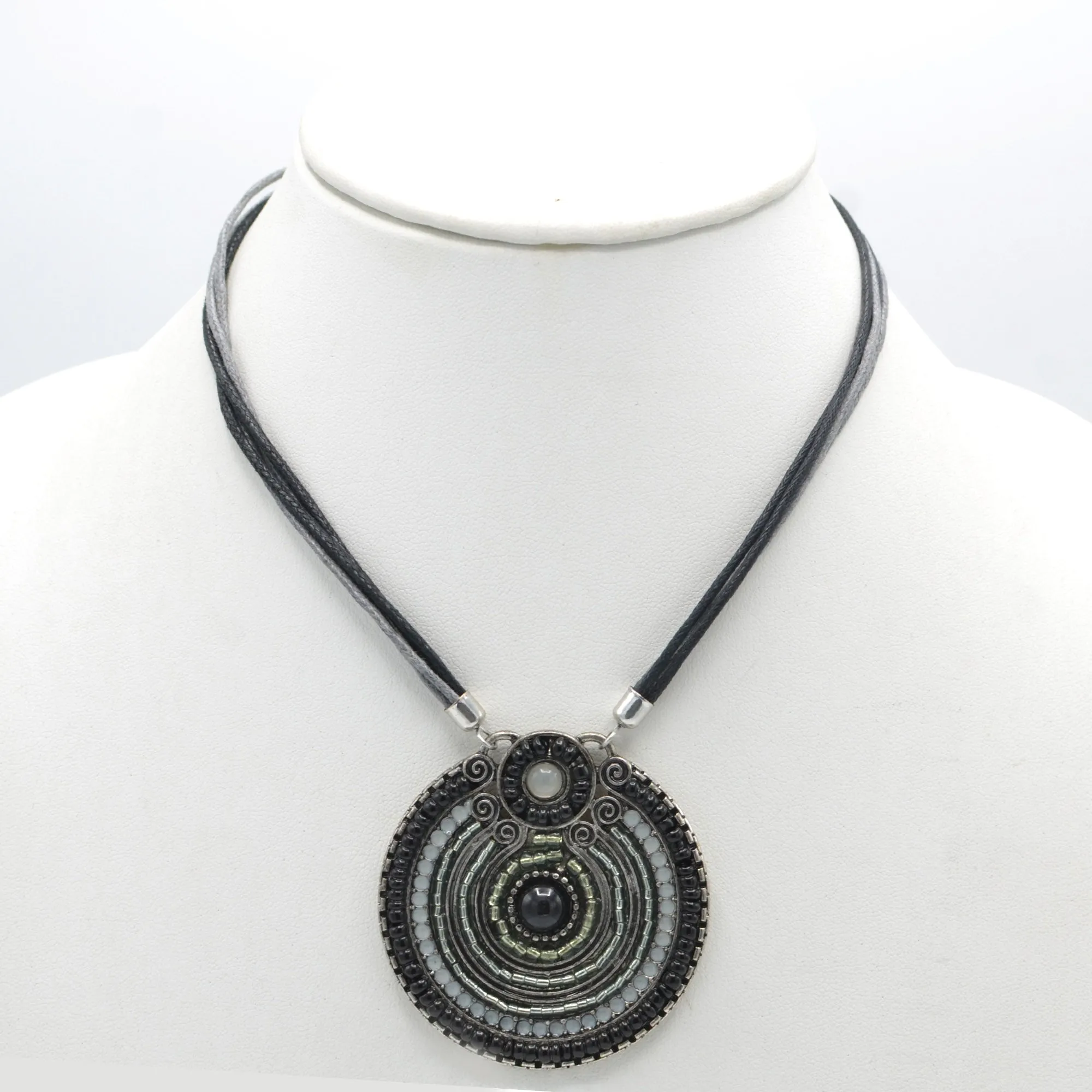 SILVER OXIDIZE ROUND DISK  BEAD PENDANT ROPE CHAIN ADJUSTABLE NECKLACE#SC25049SLGRY