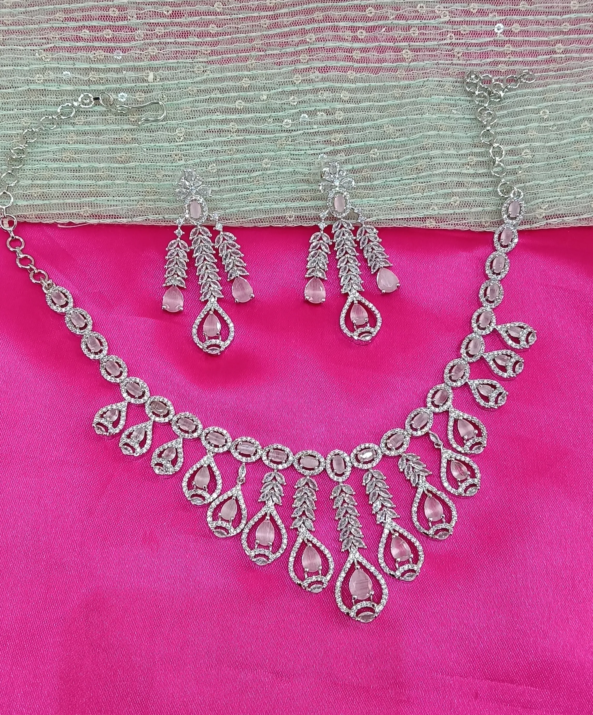 Silver Pink American Diamond CZ Necklace Micki Set