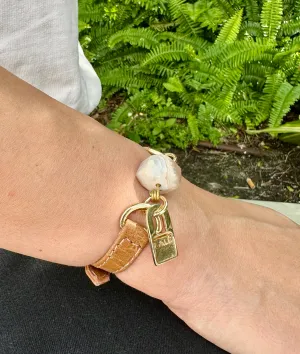 Single Wrap Camel Leather Bracelet with White Agathe Stone
